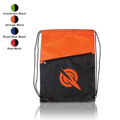 Two-Tone Poly Drawstring Backpack with Zipper
