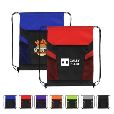 Drawstring Backpack with Zipper and Mesh Pockets